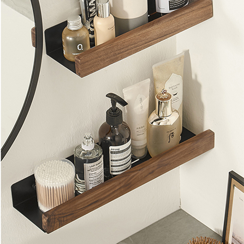 免打孔镜前置物架胡桃木卫生间浴室收纳架墙上壁挂一字板实木隔板