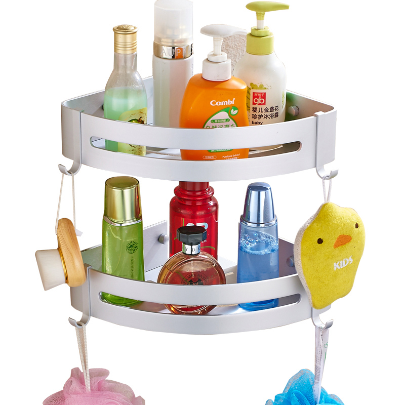 太空铝免打孔浴室置物架金色卫生间墙角转角架壁挂免钉三角篮双层