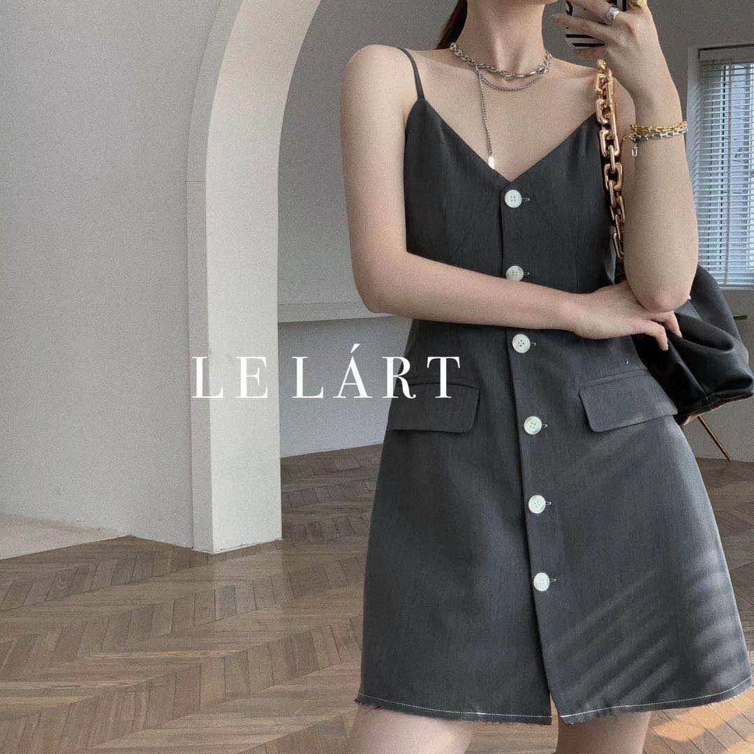 特！不退换！LELART新款 个性气质简约显瘦吊带V领排扣连衣裙女