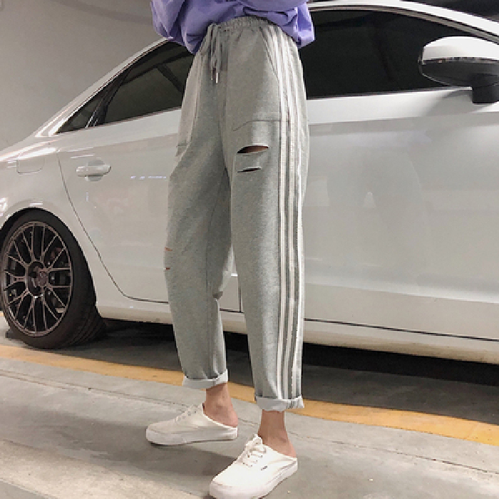 Korean loose and versatile perforated striped casual pants student high waist sports pants Harem Pants