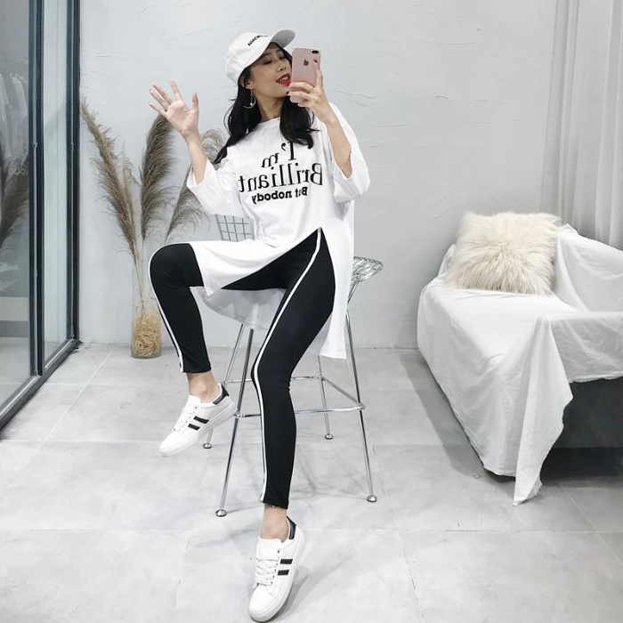 Women's summer new Korean alphabet medium length T-shirt and underpants two piece suit