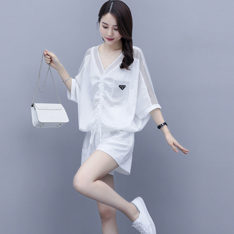 Summer new cut-out splicing shorts suit Korean fashion casual suit pants two piece women's suit