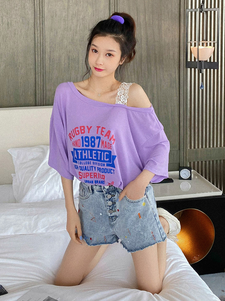 Net red Korean lace stitching off shoulder letter printing loose medium length slim top cotton