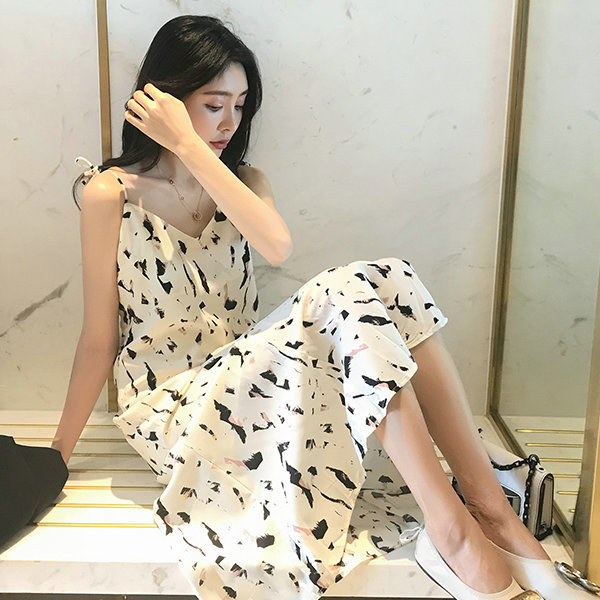 New Korean printed suspender skirt women's fashion medium length skirt loose dress