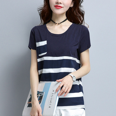 Striped T-shirt short sleeve women's summer wear oversize women's fat new loose top stitching base