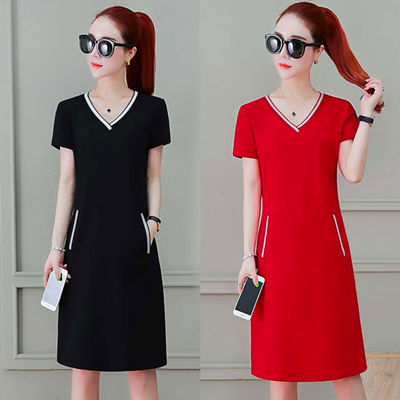 Casual dress summer new Korean slim short sleeve mid long Hip Wrap Skirt