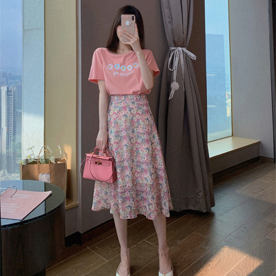 Floral skirt women's summer 2021 new high waisted Chiffon Daisy skirt printed medium length A-line drape long skirt