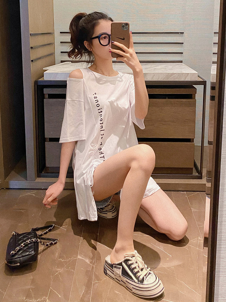 Net red Korean loose medium and long design sense drawstring off shoulder student short sleeve T-shirt tide cotton