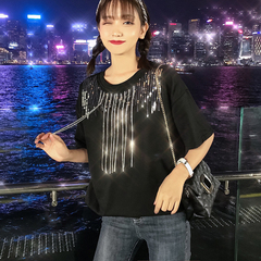 實拍夏季歐貨大版百搭寬鬆釘珠亮片短袖恤女棉