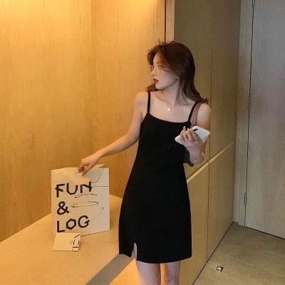 Black split drawstring skirt summer French sexy drawstring dress