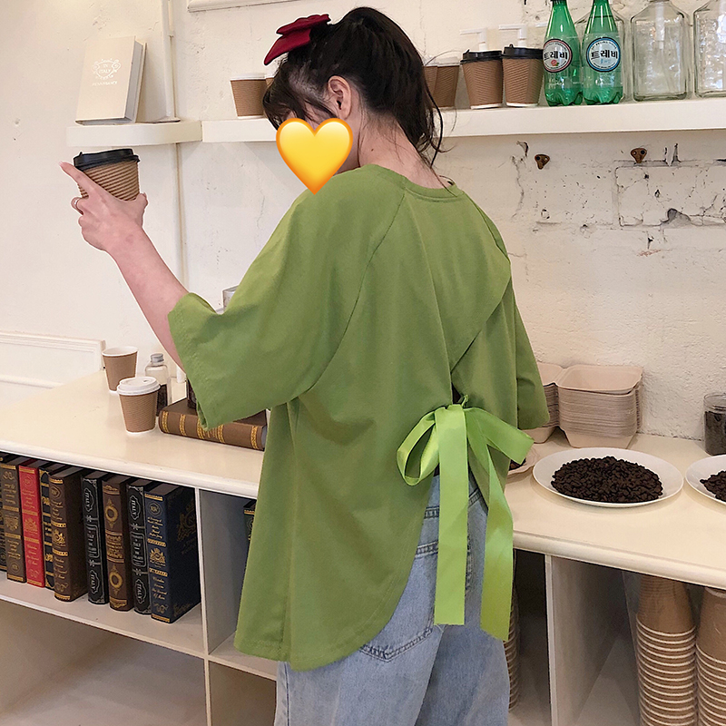 Red t-shirt female minority short sleeve western style open back split top cotton