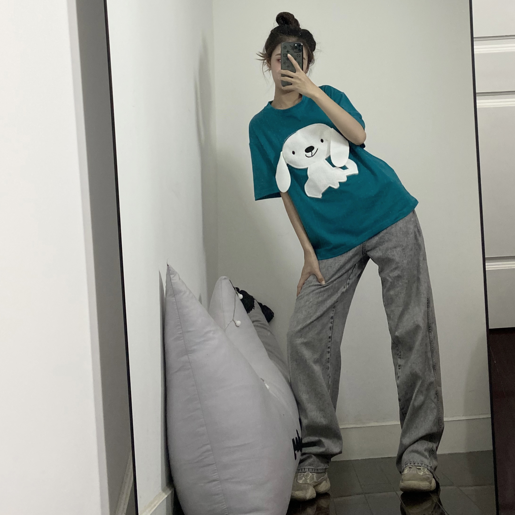 Real animation short sleeve top for women's new versatile loose cute dog shirt