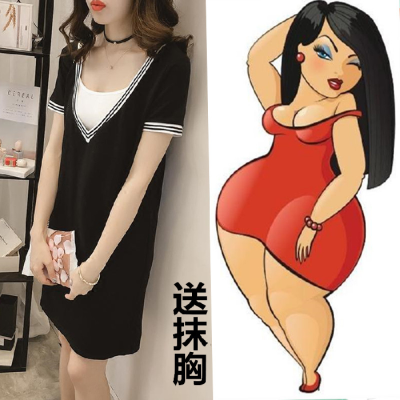 Big size women's fat summer dress new belly covering T-shirt fat sister age reduction two piece Pullover dress