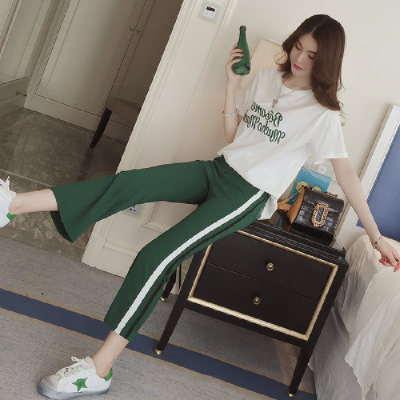 Women's loose letter embroidered short sleeve T-shirt suit women's striped sports flared pants two piece Capris