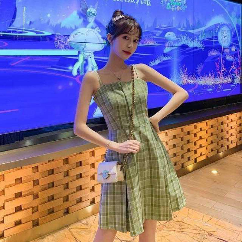 French Plaid suspender dress women's new small fresh waist slim short short summer skirt