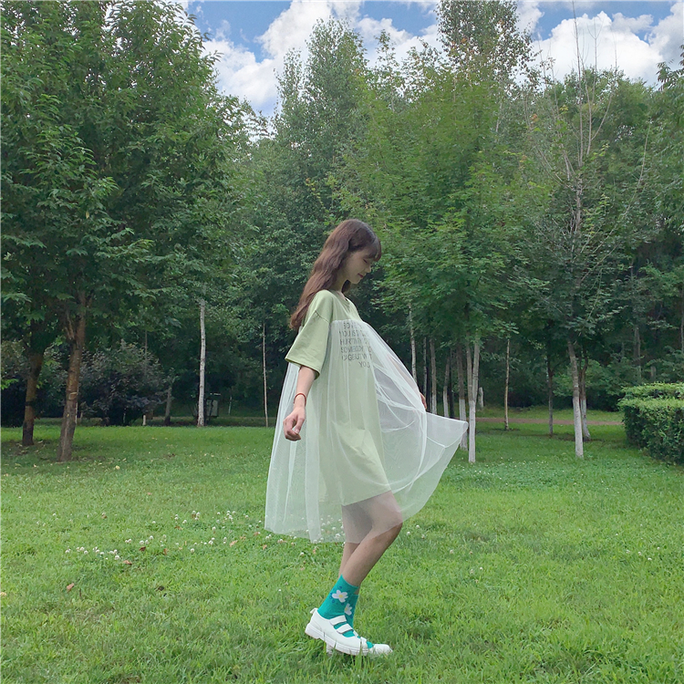 Real video: cotton mesh T-shirt dress green T-shirt