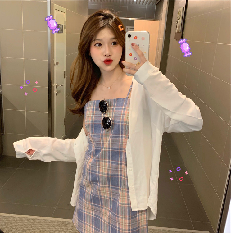 Summer sweet temperament lattice suspender dress women's Retro first love medium long short sleeve Baby Dress