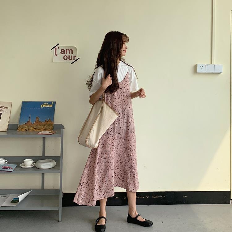 Floral suspender skirt women's spring and summer new loose and thin medium length French sleeveless dress