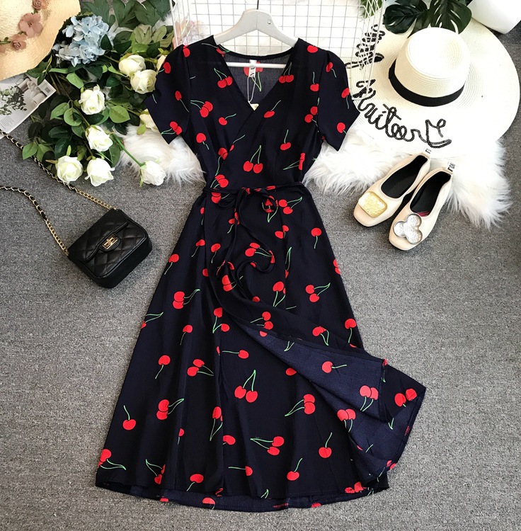 French girl's tea break skirt summer cherry medium length wrap dress slim floral milk silk dress