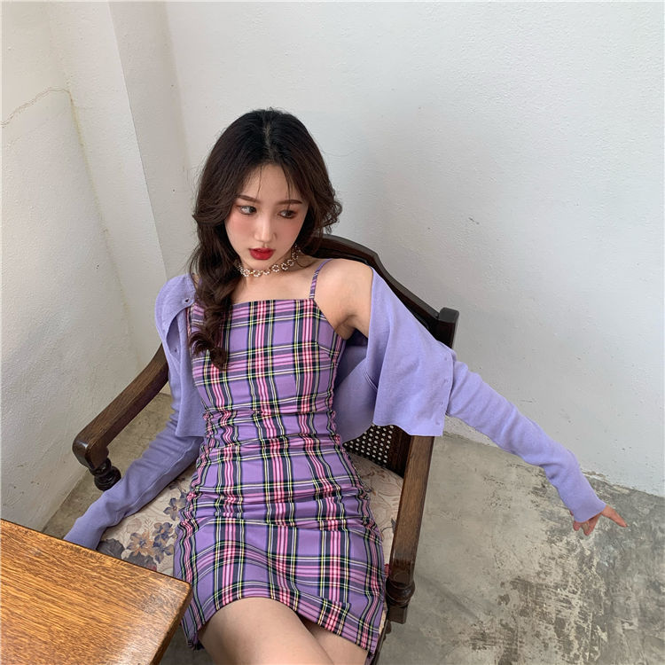 Purple Plaid Dress women's Spring New Retro waist drawstring skirt