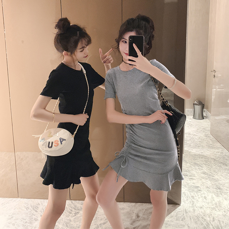 Slim fit short sleeve small dress women's new summer drawstring T-shirt skirt with Ruffle Skirt