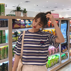 Real shot summer net red wind loose stripe embroidered short sleeve T-shirt retro casual versatile couple top girl