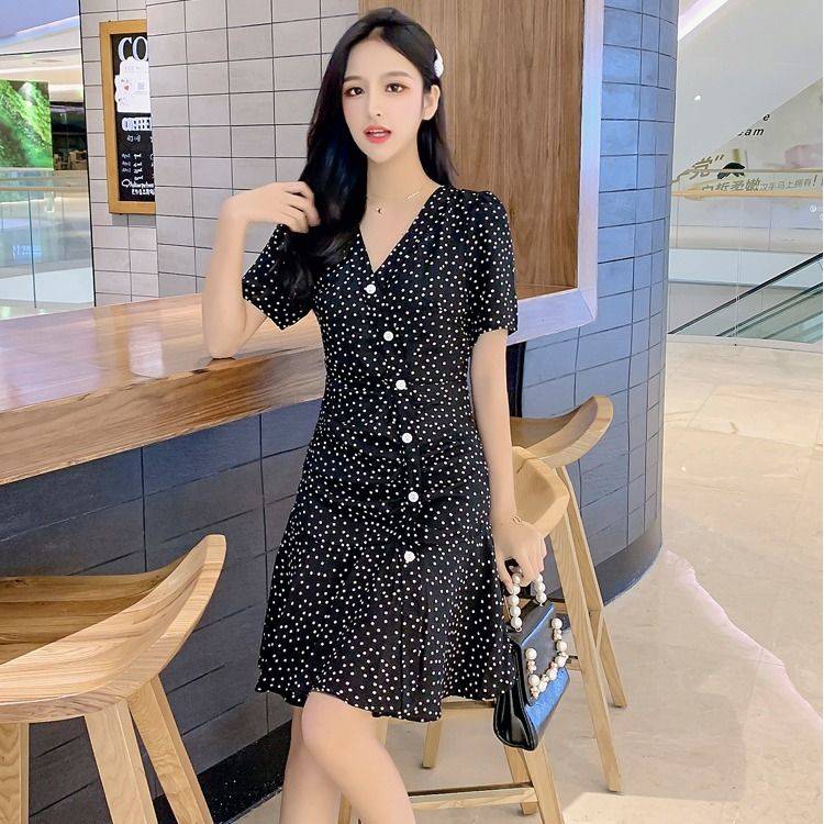 Summer new Korean Short Sleeve medium length collar women's temperament waist thin Chiffon Braille dress