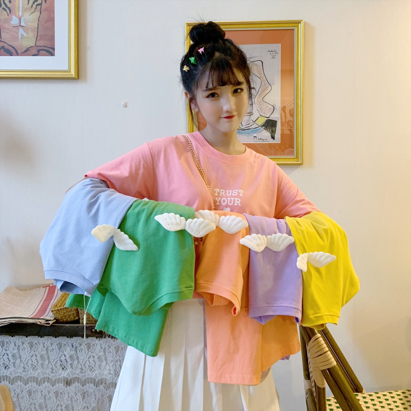 Real shot of summer Korean version of net red T-shirt top bottom shirt wet milk silk