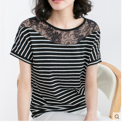 Summer new Korean loose large lace half sleeve top stripe splicing round neck short sleeve T-shirt