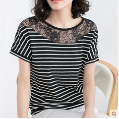 Summer new Korean loose large lace half sleeve top stripe splicing round neck short sleeve T-shirt