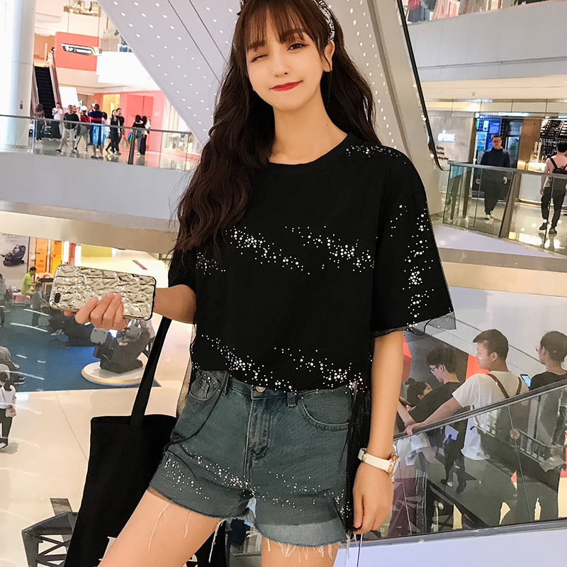 Real shot small video shining mesh loose medium long fake two short sleeve T-shirt women's cotton