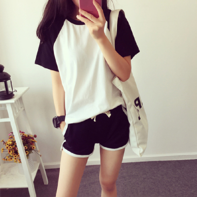 Summer leisure fashion splicing raglan sleeve Suit Girls sportswear suit short sleeve T-shirt shorts