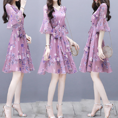 Summer new women's dress slim and gentle skirt waist temperament medium length floral print dress