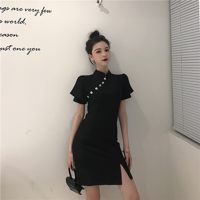 Official picture cheongsam female summer French retro young Chinese girl modified split dress