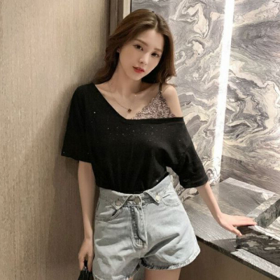 Korean collar off shoulder leopard pattern strap stitching top women's fake two sexy top