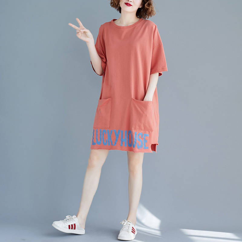 Large women's summer new casual fat age reduction loose cover belly show thin skirt medium length dress