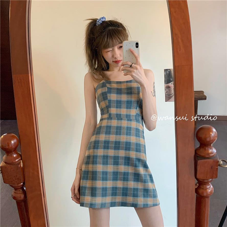 Suspender skirt summer 2021 new French Plaid Dress for women