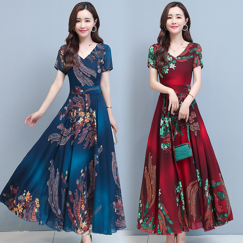Long dress with over knee collar and large swing, new printing, waist closing and thin, middle aged mother dress