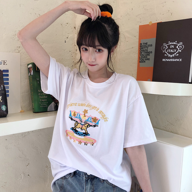 Real shot summer women's large size embroidered Sequin net red student loose short sleeve T-shirt women's cotton