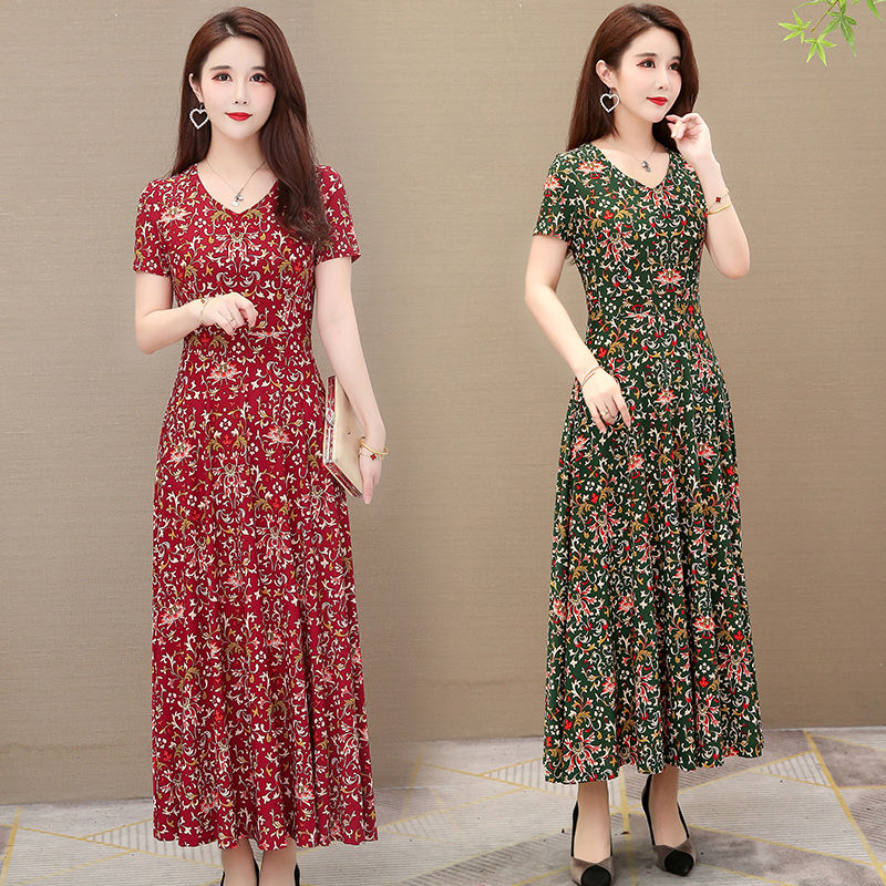 Summer women's new short sleeve women's dress V-neck printing long skirt slim high waist swing skirt