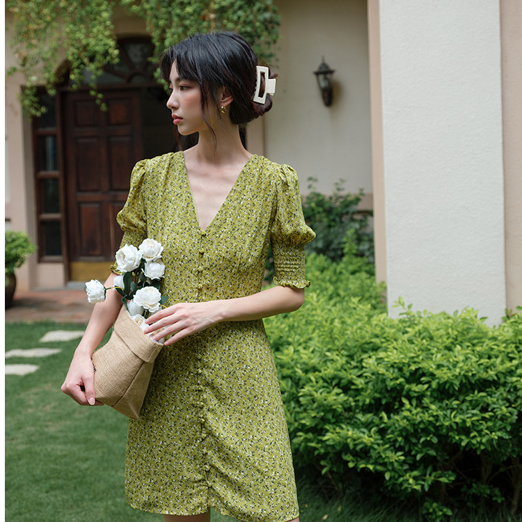 Official picture French collar Hepburn Style Bubble Sleeve Chiffon Skirt Avocado Green Floral Dress