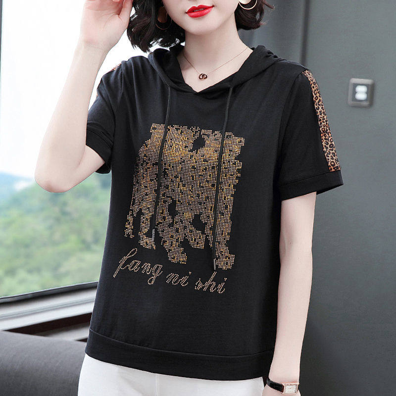 5 colors, 7 sizes, original diamond studded hooded short sleeve T-shirt, women's contrast sweater, thin fashion, large women's dress, 200kg
