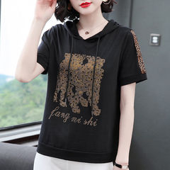 5 colors, 7 sizes, original diamond studded hooded short sleeve T-shirt, women's contrast sweater, thin fashion, large women's dress, 200kg