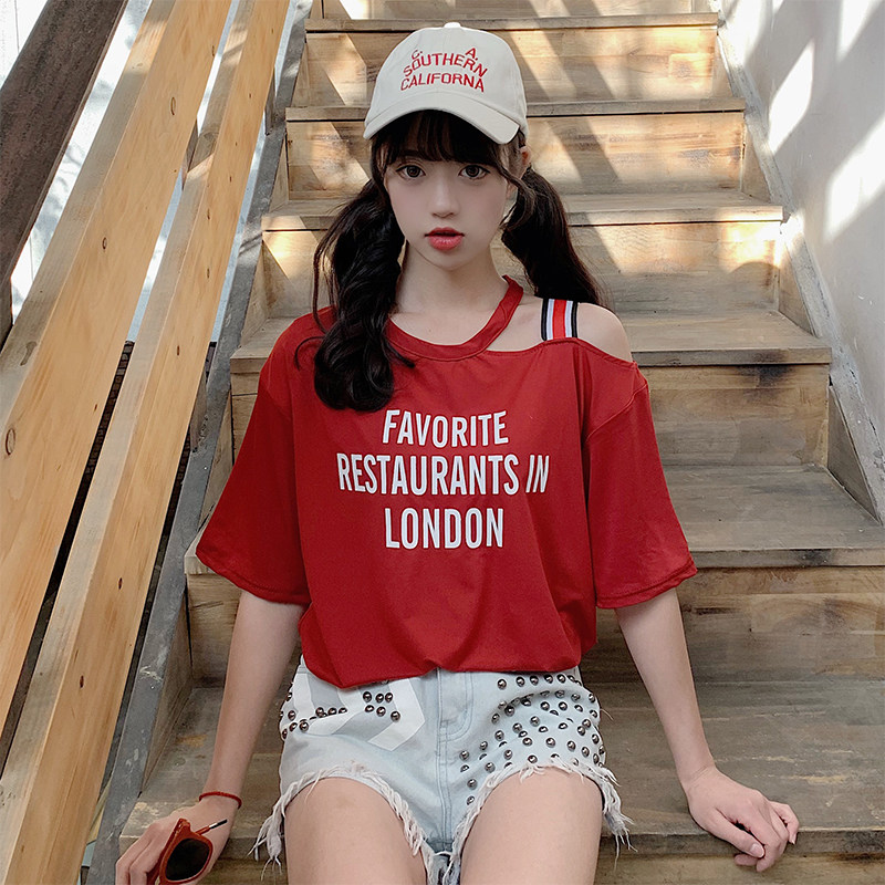 Real shooting summer Korean versatile loose off shoulder sexy short sleeve women's T-shirt double mill