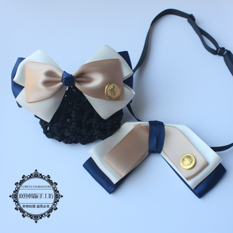 职业头花领结套装工作头花发网蝴蝶结银行套装头花领花香槟色网兜