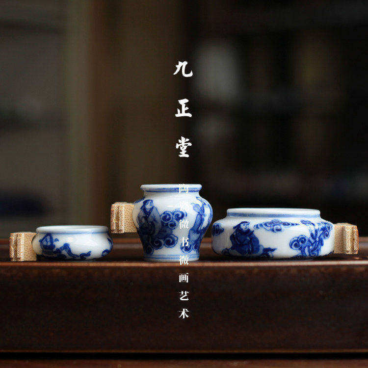 九正堂手绘鸟食罐 青花八仙图 将军罐 绣眼两件套 安装三丝明镶头
