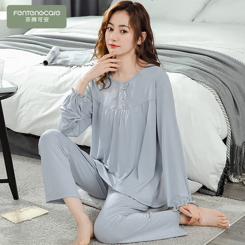 春秋季睡衣圆领秋天纯色棉