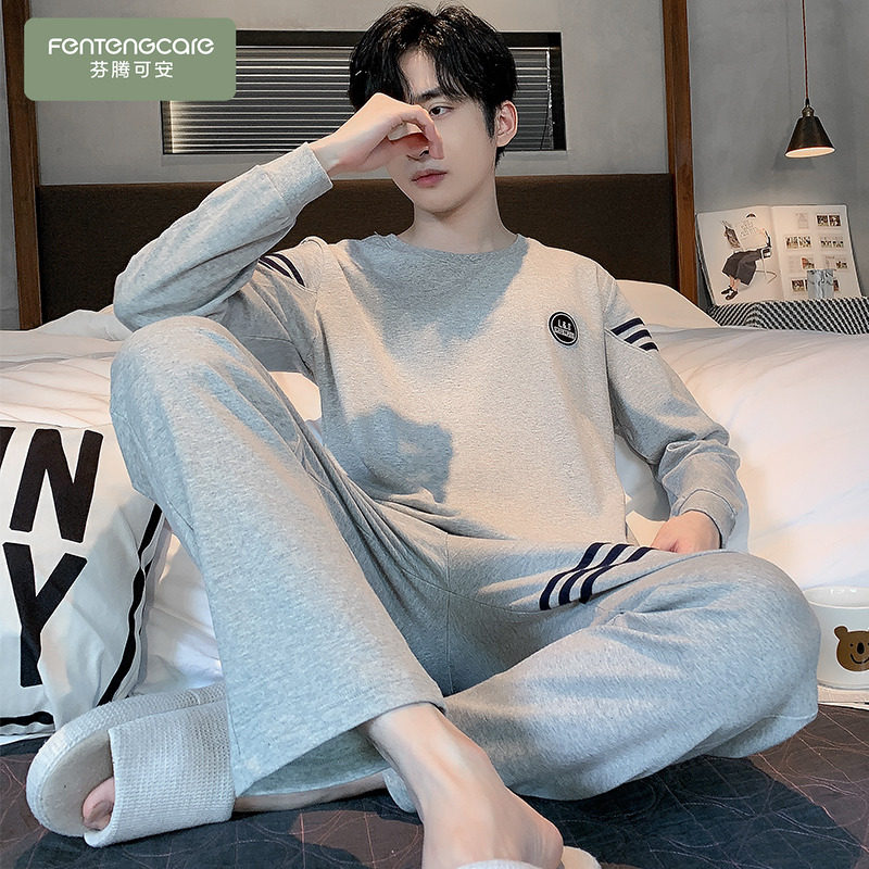 套头长袖男士纯棉睡衣