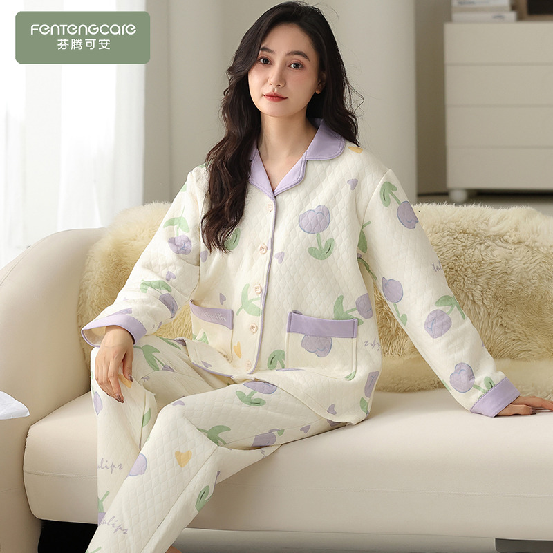 秋冬季加厚纯棉夹层睡衣女