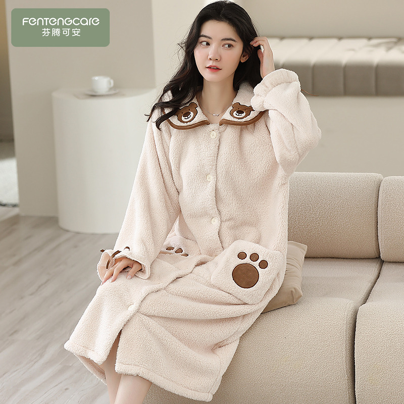 女士珊瑚绒中长款睡袍